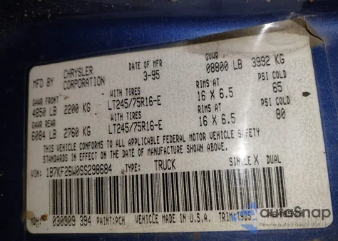 1995 Dodge Ram 2500 z USA, uszkodzony, nr VIN 1B7KF26W0SS298684